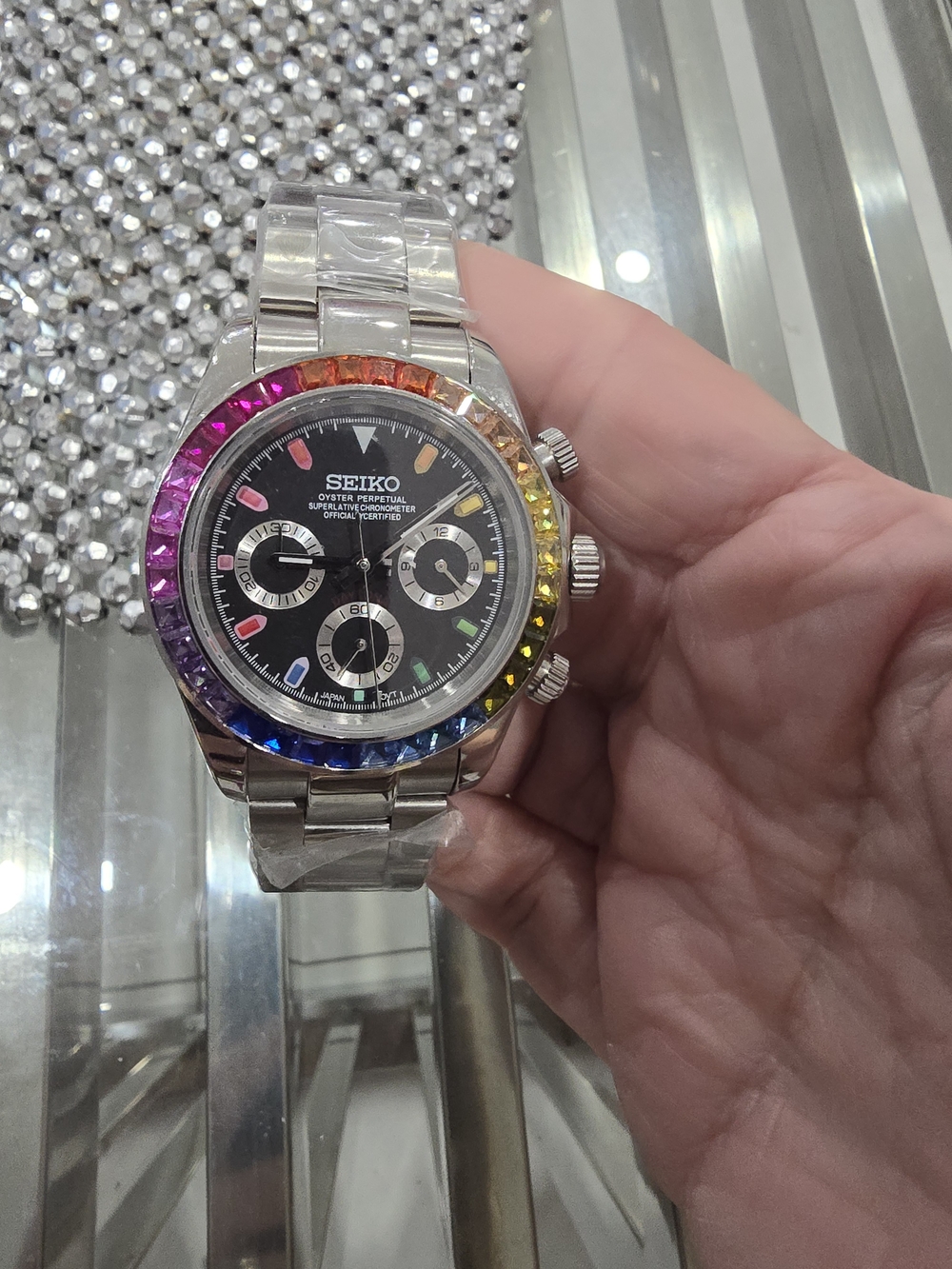 Seiko Men's Rainbow Bezel Stainless Steel Chronograph Watch